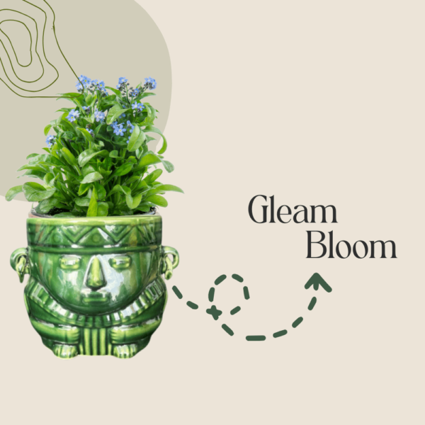 A green ceramic pot with a face design, holding a blooming plant with small blue flowers, and the text "Gleam Bloom" beside it on a beige background with a green abstract design.