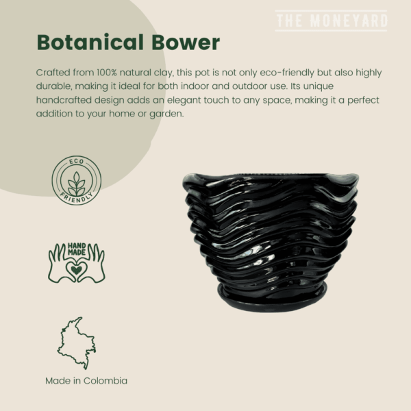 A cactus in a black, wavy-patterned pot with the text "Botanical Bower" beside it on a beige background with a green abstract design